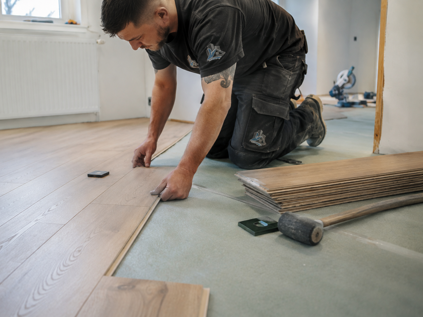 Mitarbeiter bei der Bodenverlegung in einer Wohnung in Bochum