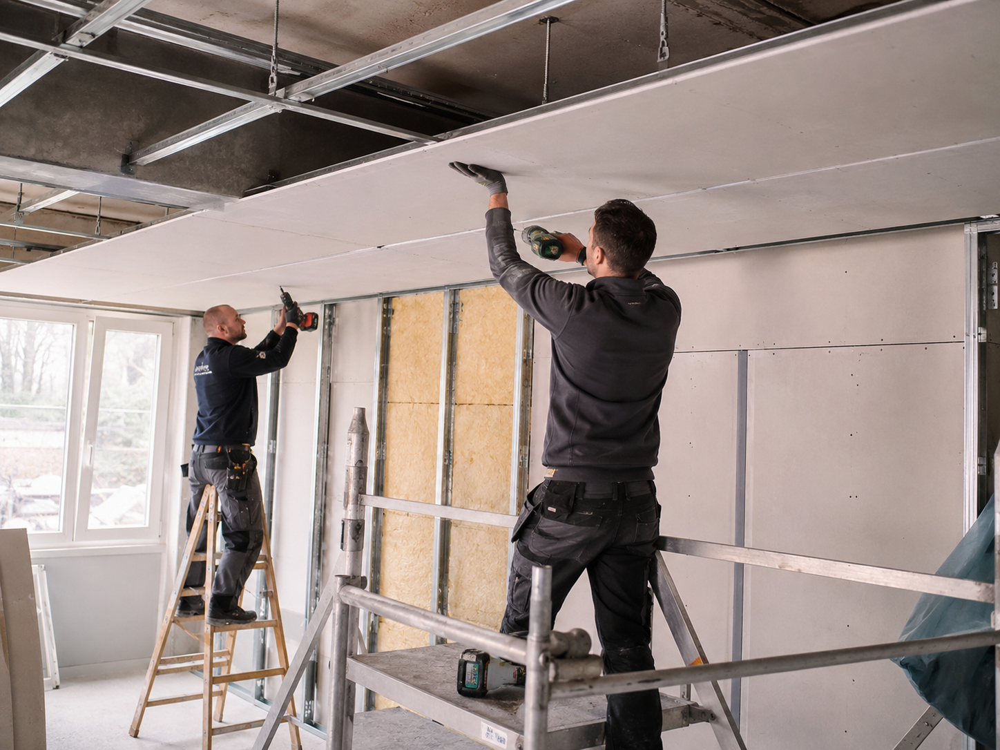Montage einer abgehängten Decke und vorbereitender Ausbaukonstruktionen
