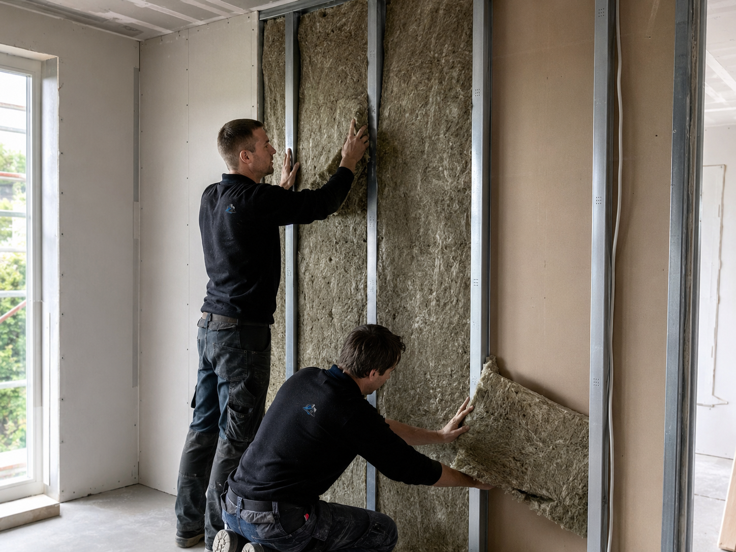 Einbau von Dämmstoff in eine Trockenbau-Metallständerwand für Schall- und Wärmeschutz