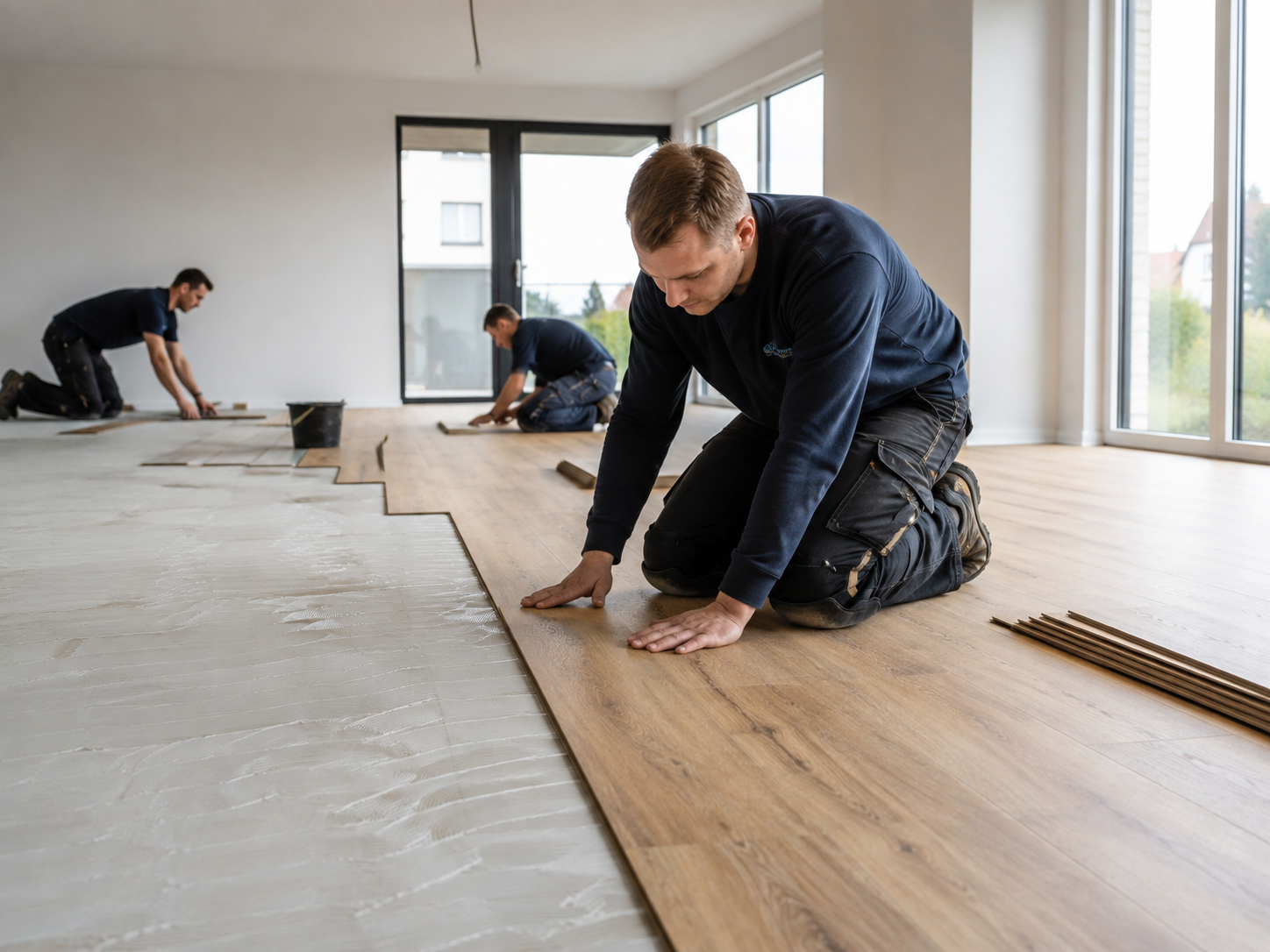 Professionelle Bodenverlegung in einer größeren Wohn- oder Gewerbefläche