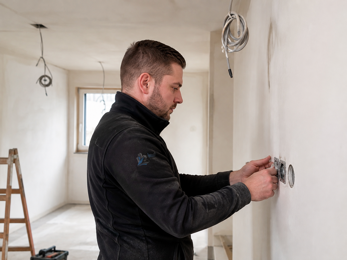 Installation von Schaltern, Steckdosen und Leuchtenanschlüssen in einem Wohnraum
