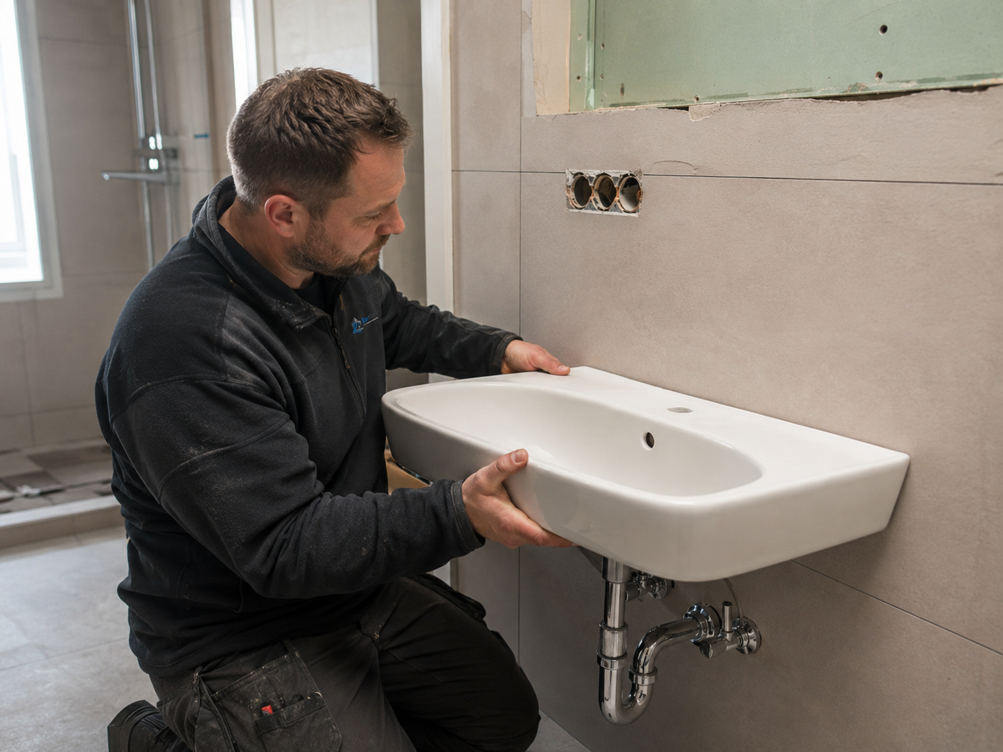 Montage eines Waschtischs bei Sanitärarbeiten in einem Badezimmer