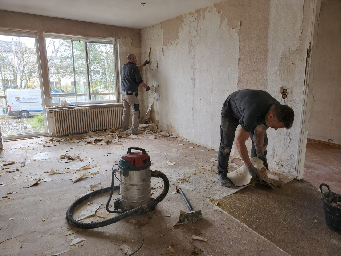 Entfernung eines alten Bodenbelags vor der Renovierung