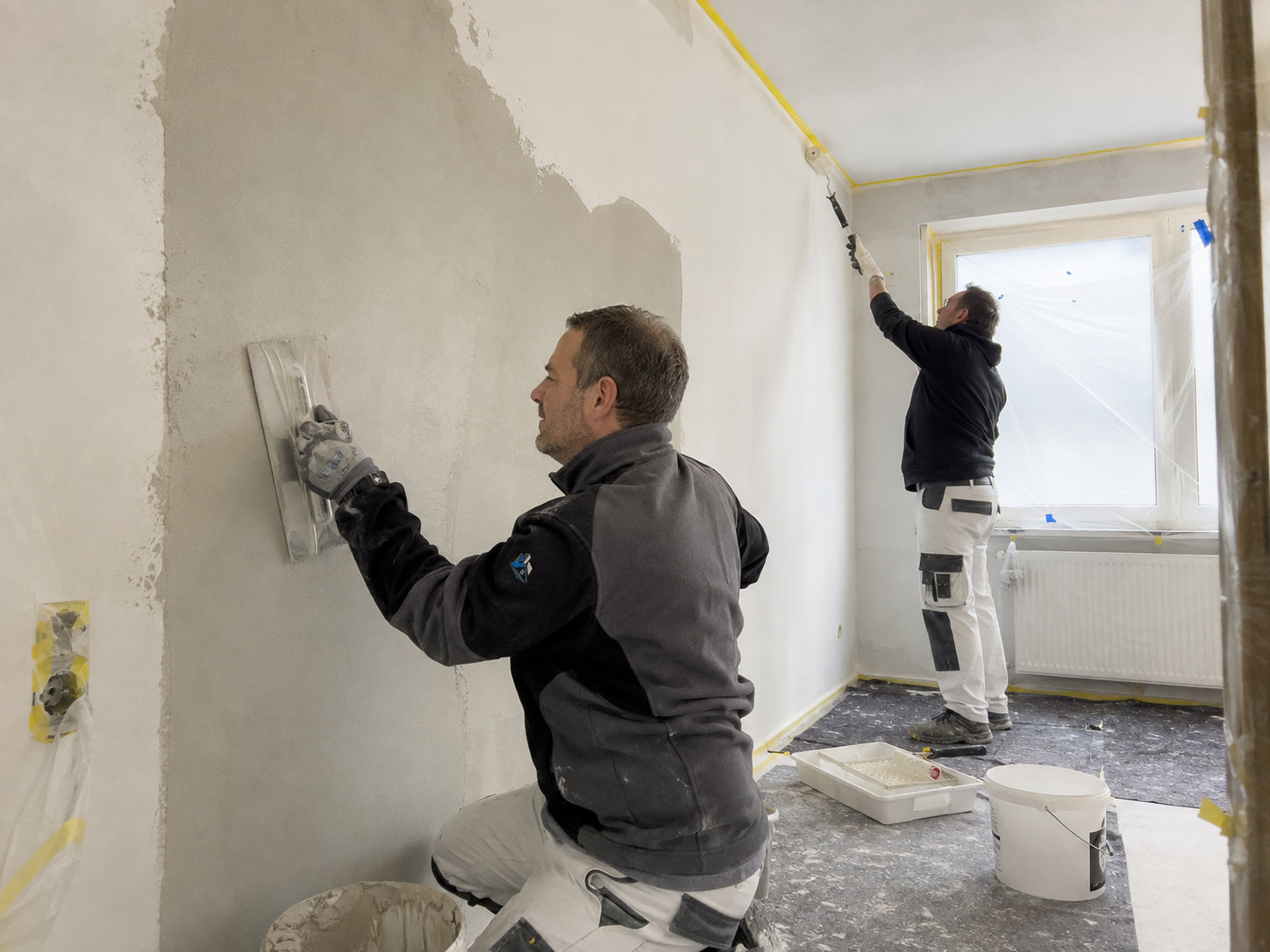 Spachtelarbeiten an einer Wand im Rahmen einer Renovierung